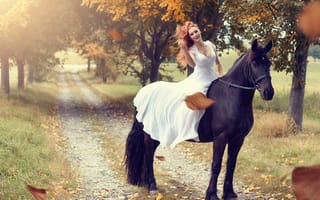 Картинка конь, настроение, деревья, дорога, девушка, лошадь, листья, платье, осень