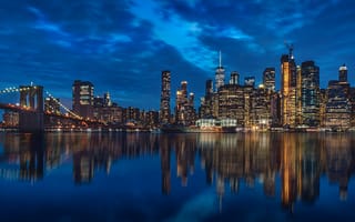 Картинка город, Нью-Йорк, Манхэттен, бруклинский мост, сумерки