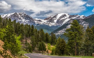Обои Rocky Mountain National Park, деревья, дорога, Colorado, пейзаж, горы