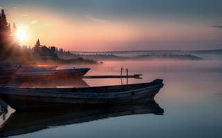Картинка солнце, озеро, лодки, пейзаж, утро, Зюраткуль, природа, рассвет, Андрей Чиж, лучи
