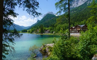 Обои Австрия, Лес, Горы, Дома, Озеро, Природа, Hintersee Ramsau, Кусты