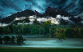 Картинка поле, лес, природа, горы, небо, облака, пейзаж, туман, осень