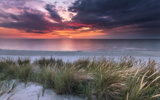 Картинка Robert Kropacz, берег, море, трава, закат, природа, песок, пейзаж, тучи