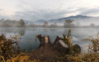 Картинка туман, река, горы