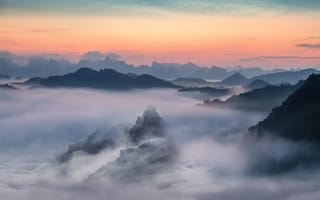 Картинка Пейзаж, Туман, Облака, Небо, Закат, Гора