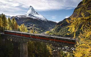 Картинка Швейцария, горы, осень, мост, лес, Церматт, железная дорога