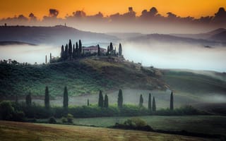 Картинка природа, деревья, туман, дом, пейзаж, холмы, вечер, Gregor Thelen, Италия