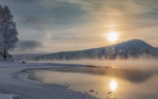 Картинка зима, природа, утро, солнце, холмы, пейзаж, озеро, туман, снег, деревья, Александр Макеев, отражение