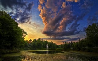 Картинка облака, закат, озеро, парк