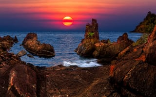 Картинка море, природа, Таиланд, пейзаж, закат, солнце, скалы