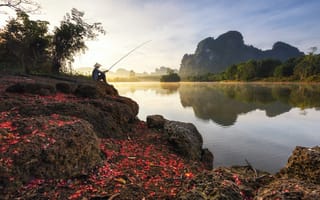 Картинка пейзаж, Таиланд, природа, камни, горы, залив, рыбак, человек
