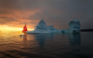Картинка Гренландия, айсберг, океан, пейзаж, льдина, парусник, закат