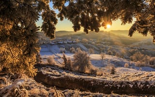 Картинка зима, природа, горы, деревня, хвоя, Буковина, пейзаж, ветки, долина, деревья, снег, дома, лучи, солнце, сосна