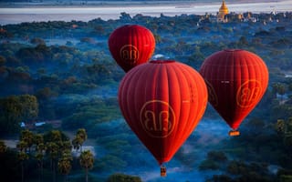 Картинка деревья, Баган, пейзаж, туман, утро, Myanmar, река, воздушные шары, Bagan, природа, город, крыши, рассвет, Мьянма
