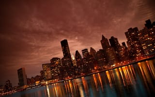 Картинка Манхэттен, город ночью, огни, небоскребы