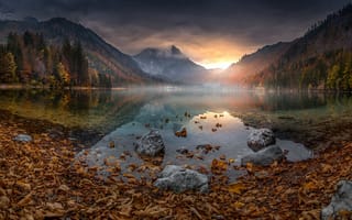 Картинка Озеро, Горы, Пейзаж, Осень, Листья, Природа, Австрия, Туман, Langbathsee