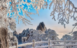 Картинка зима, ограждение, снег, пейзаж, ветки, горы, Китай, природа