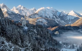 Картинка Горы, Природа, Бавария, Neuschwanstein Castle, Пейзаж, Германия, Альпы, Зима Лес