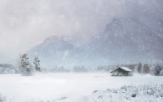Картинка домик, горы, метель, зима, снег