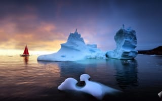 Картинка Гренландия, парус, айсберг, лед, лодка