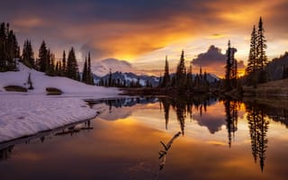 Картинка природа, зима, река, США, гора, закат, Рейнир, Doug Shearer, отражение