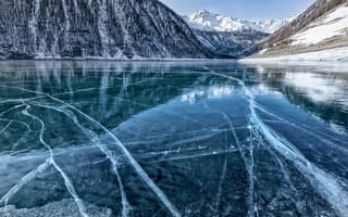 Картинка зима, отражение, озеро, горы, лед, трещины