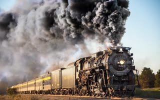 Картинка поезд, дым, паровоз, вагоны