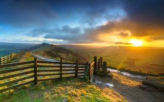 Картинка Англия, Mam Tor, Природа, Холмы, Peak District, Derbyshire, Забор, Облака