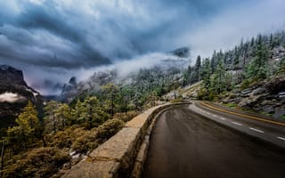Картинка Дорога, Пейзаж, Природа, Калифорния, Sierra Nevada, Горы, Деревья, Йосемити, Облака, Туман