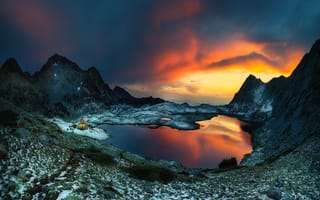 Картинка небо, дом, горы, Краси Матаров, снег, природа, озеро, Болгария, пейзаж