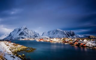 Картинка Норвегия, Дома, Море, Лофотенские острова, Снег, Горы, Природа