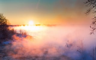 Картинка озеро, фотограф, зима, туман, снег, красиво, евгений скоморохов, рассвет
