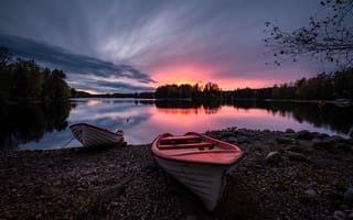 Картинка лодки, вечер, закат, озеро