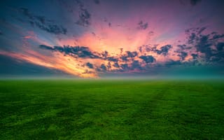 Картинка луг, заря, трава, туман, небо