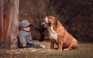Картинка природа, пёс, бульдог, собака, Анна Ипатьева, малыш, мальчик, животное, ствол, ребёнок