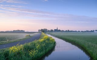 Картинка Нидерланды, Туман, Водный канал, Woudse Polder, Утро, Природа
