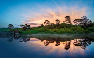 Картинка Новая Зеландия, деревья, озеро, утро, холмы, природа, дом, пейзаж