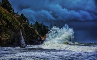 Картинка США, шторм, океан, природа, тучи, пейзаж, волны, маяк, скалы