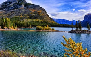 Картинка склон, лес, озеро, осень, деревья