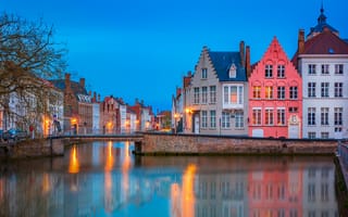 Картинка город, Бельгия, мостик, дома, вечер, канал, Брюгге