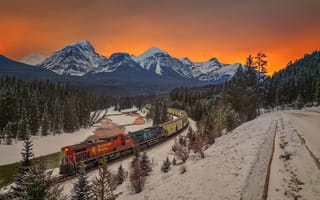 Картинка Канада, пейзаж, горы, поезд, снег, леса, зима, природа
