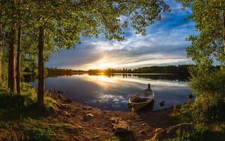 Картинка природа, лодка, Оулуйоки, деревья, Финляндия, леса, река, пейзаж, лето, закат