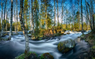 Картинка природа, река, весна, лес, Финляндия, берёзы, камень, деревья, Киткайоки, пейзаж, мостик