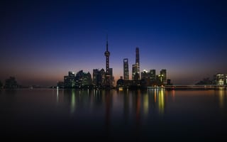 Картинка Шанхай, вода, город, ночь, башня, отражение