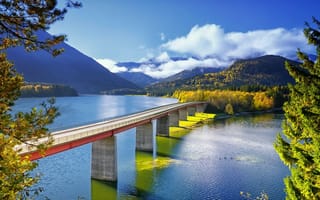 Картинка мост, озеро, горы