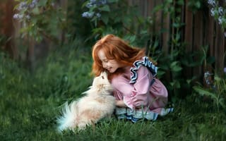 Обои Анастасия Бармина, пёсик, животное, девочка, ребёнок, платье, природа, собачка