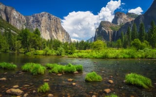 Обои трава, пейзаж, Йосемити, камни, Yosemite National Park, река, горы, облака, национальный парк, природа, США