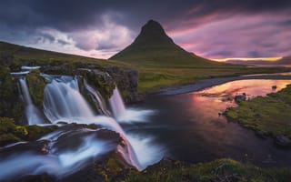 Картинка пейзаж, природа, гора, Исландия, закат, водопад, Киркьюфелл