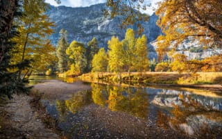 Картинка Осень, Merced River, Деревья, Йосемити, Природа, Горы