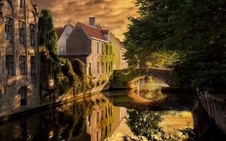 Картинка Bruges, brick buildings, stone bridge, Brugge, cityscape, Belgium, sunset, evening